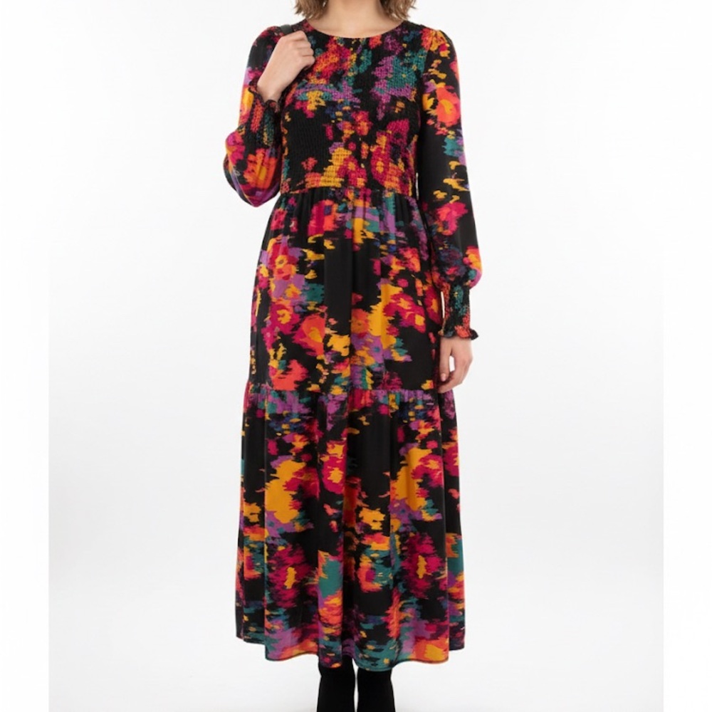 Shein Bright Black Floral Paint Smocked Maxi Dress L 8/10